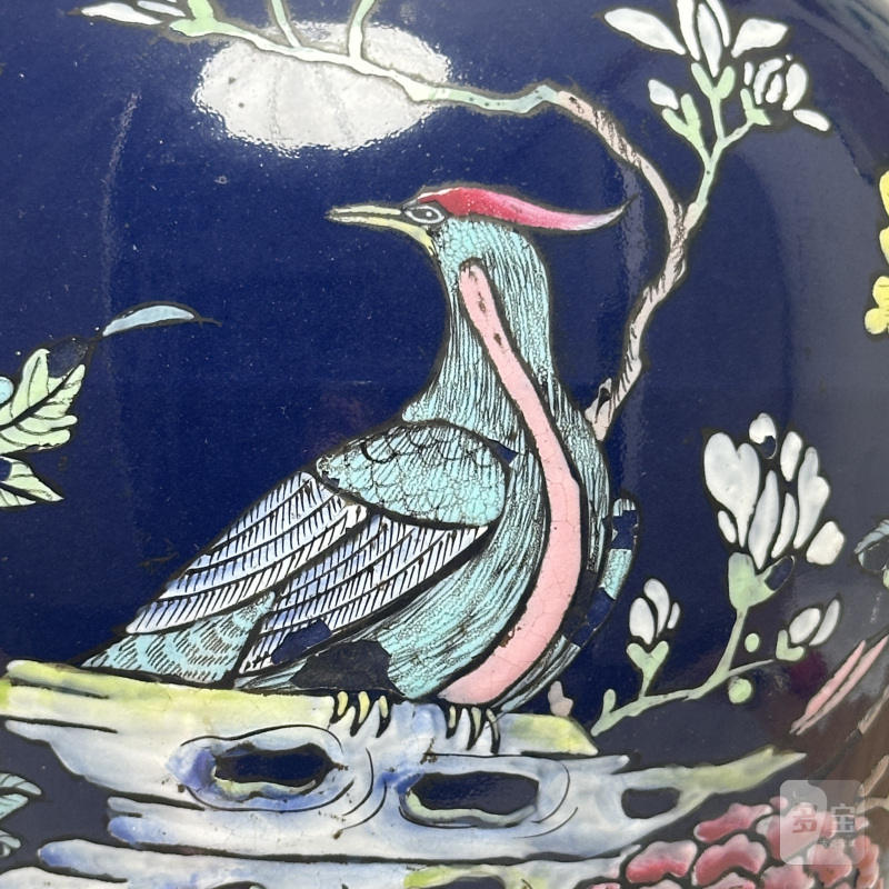 清中期 祭蓝釉粉彩洞石花鸟纹将军罐 - 图6